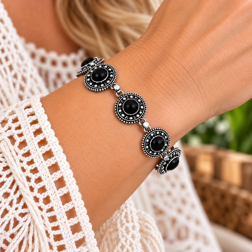 Black Onyx Gemstone Ethnic Handmade Bracelet Jewelry 8" Boho Southwestern New